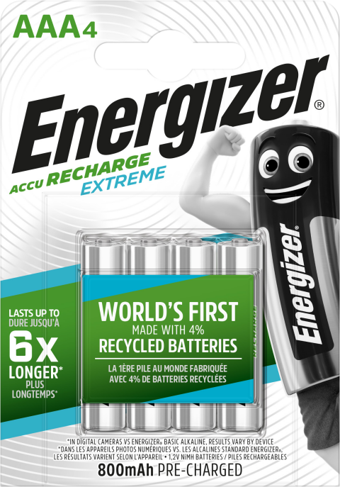 Se ENERGIZER RECHARGE EXTREME AAA / NH12 800MAH BATTERIER (4 STK. PAKNING) hos Bolig Produkter